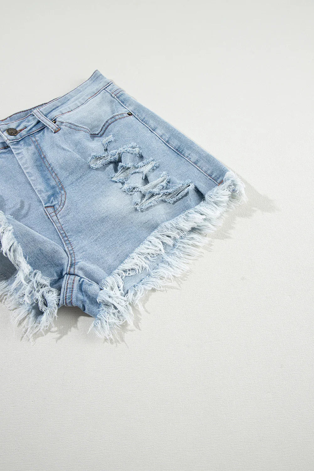 Light Blue Distressed Ripped Raw Hem High Waist Denim Shorts Femstylo