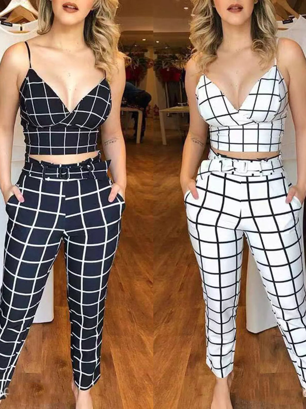Grid Print Crop Top and Pants Set Shopimist