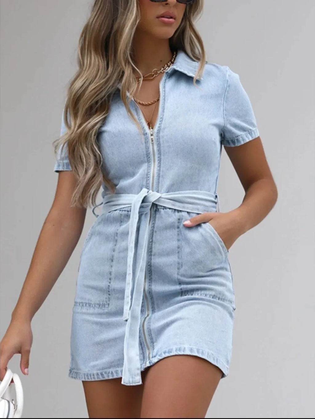 Full Size Zip Front Short Sleeve Denim Dress Plus Size Selvanelle