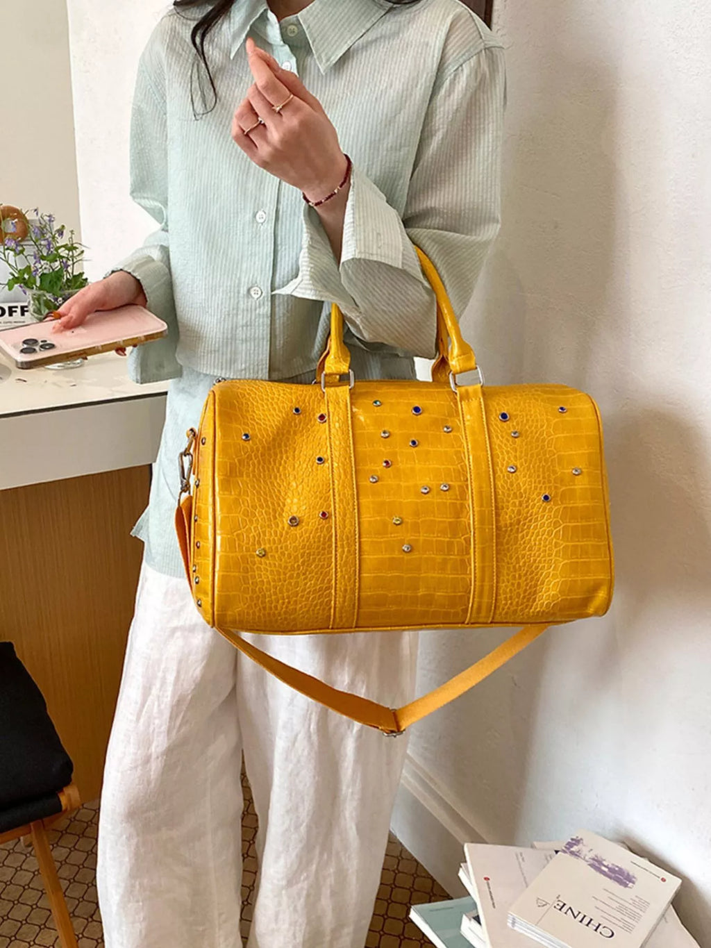 Crocodile Embossed Studded Travel Bag Shopimist