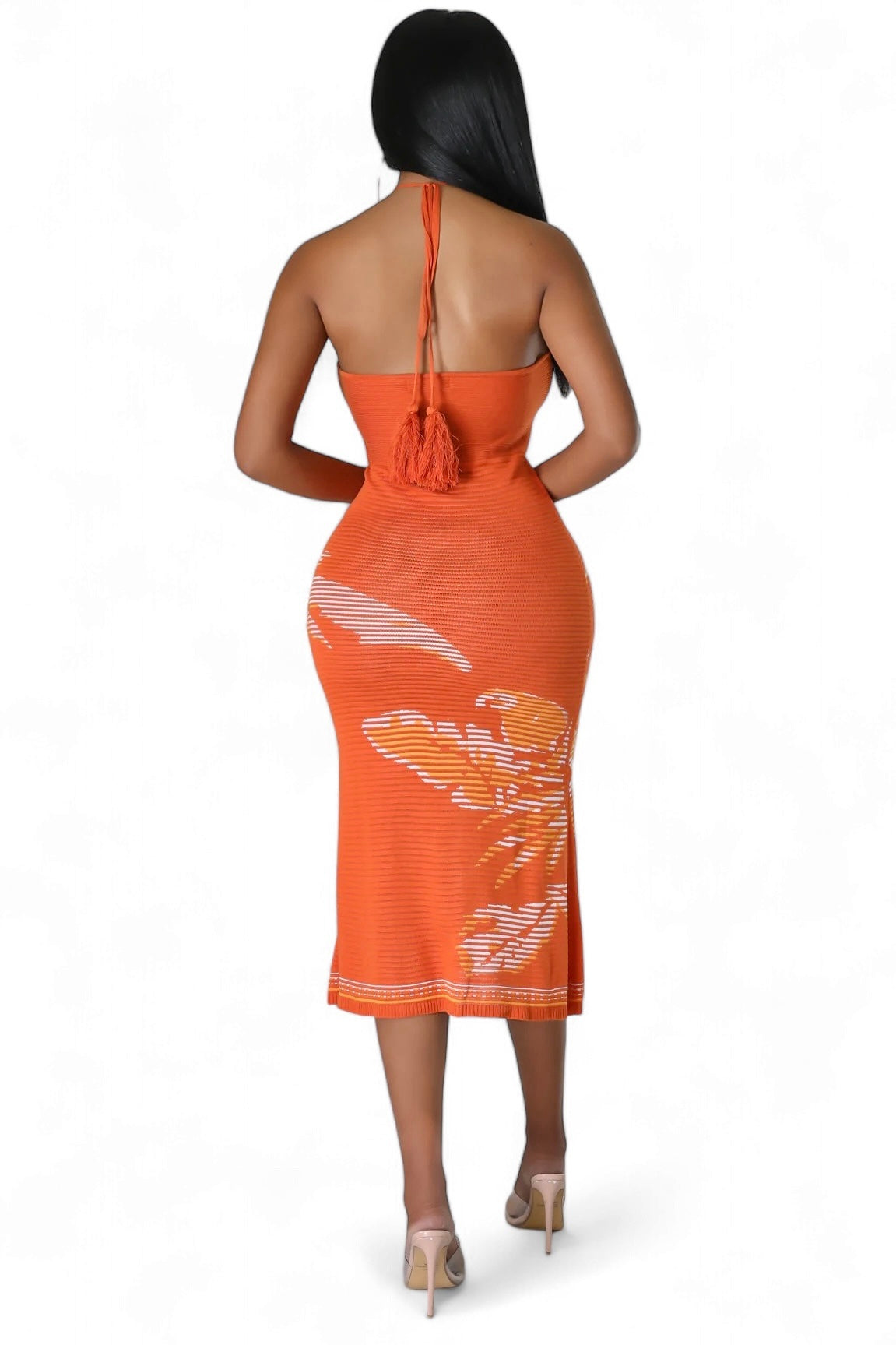 Orange Floral  Knit Halter Midi Dress The House of Stylez