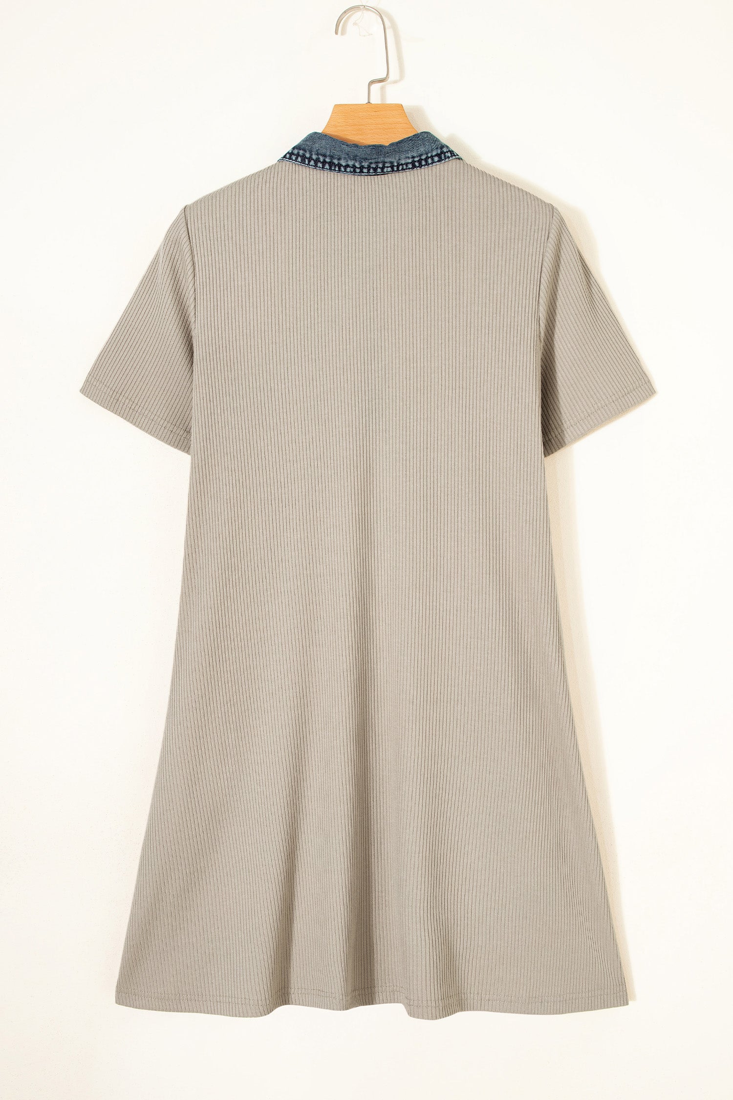 Beige Short Sleeve Ribbed Knit Denim Patchwork Polo Collar Dress I am a Fashion Junky