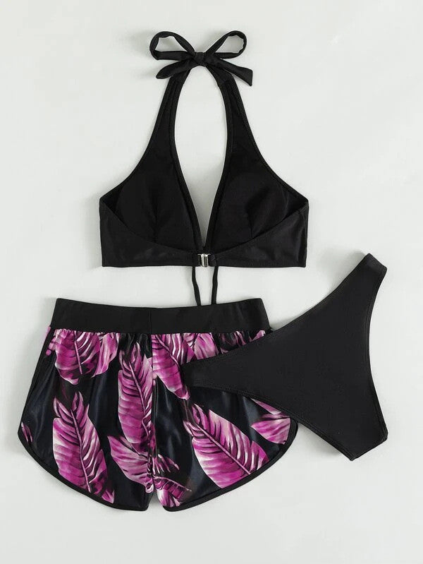 3pcs Leaf Print Bikini With Shorts Fashion Summer Beach Swimsuit Womens Clothing FLIPSTYLEZLLC