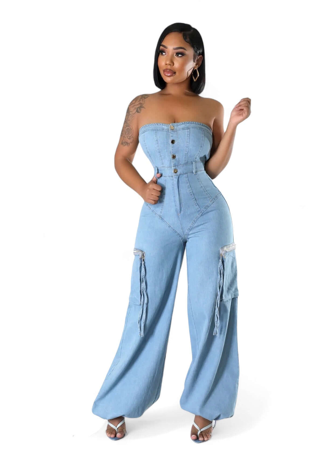 Denim Jean Sleeveless Cargo Jumpsuit The House of Stylez