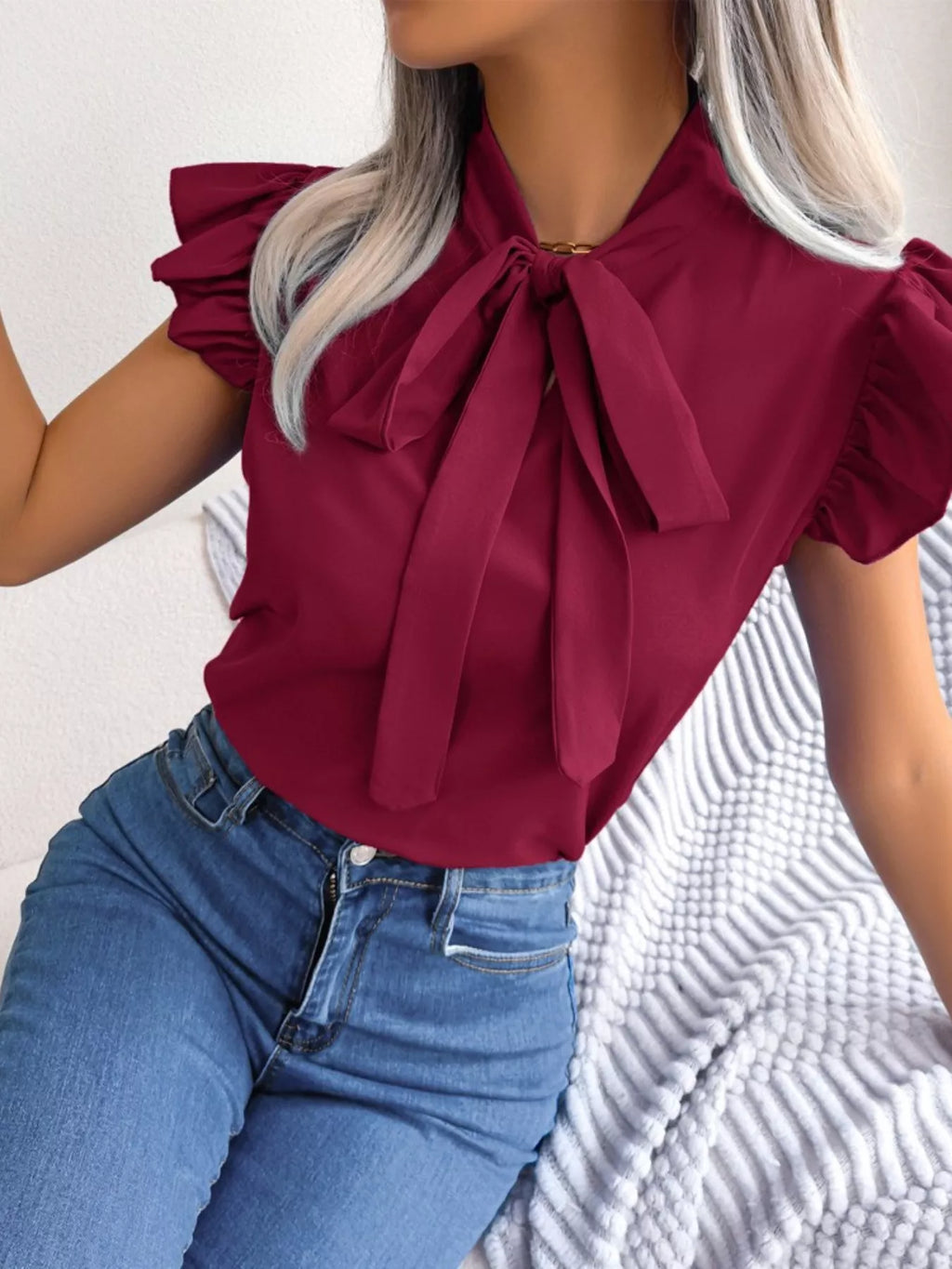 Bow Tie Ruffle Sleeve Blouse Berry Charmz