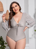 Plus Size Tied Deep V Balloon Sleeve One-Piece Swimsuit VYSN