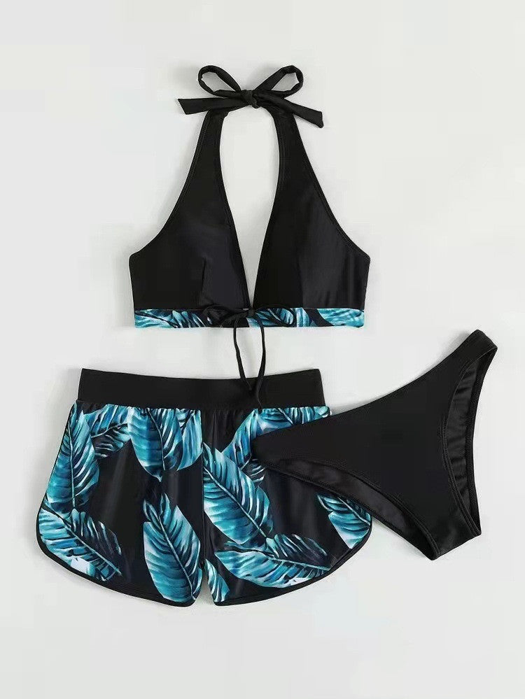 3pcs Leaf Print Bikini With Shorts Fashion Summer Beach Swimsuit Womens Clothing FLIPSTYLEZLLC