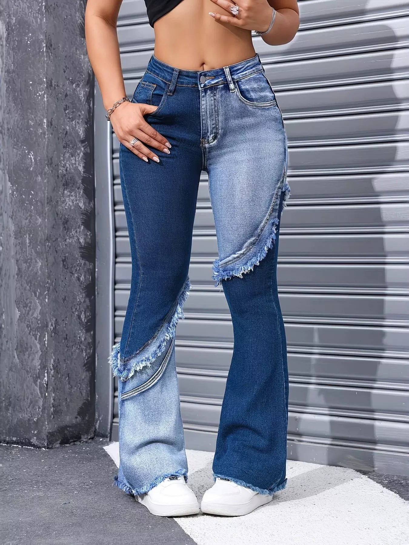 Two Tone Frayed Hem Flare Jeans Shopimist