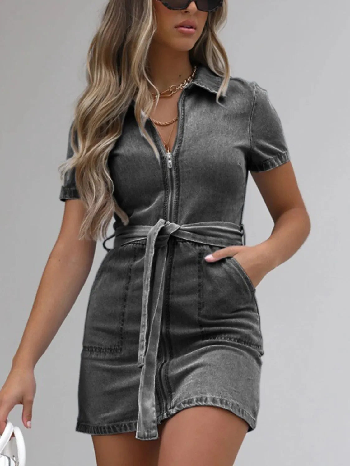 Full Size Zip Front Short Sleeve Denim Dress Plus Size Selvanelle