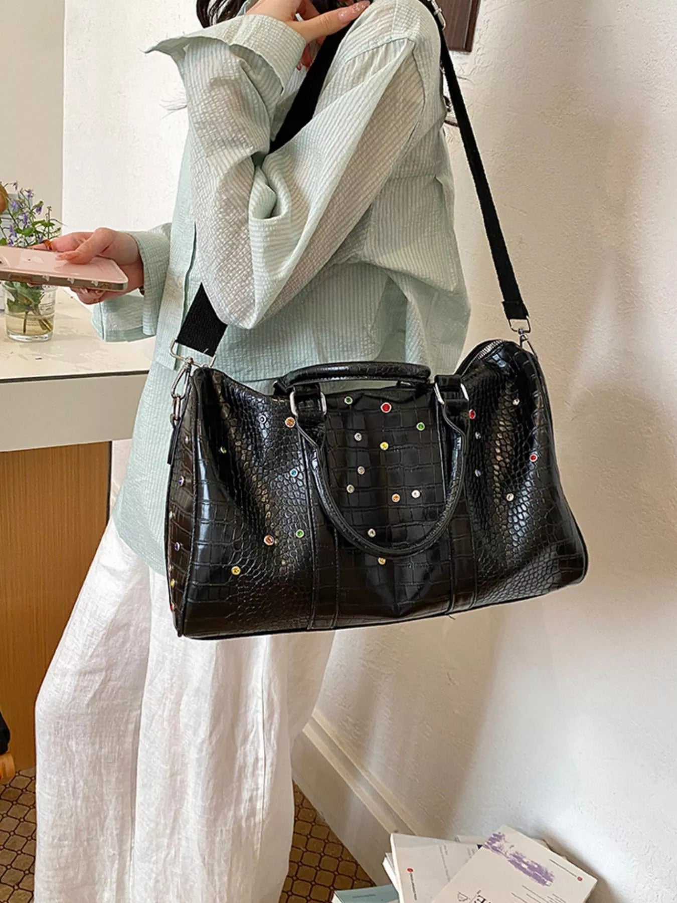 Crocodile Embossed Studded Travel Bag Shopimist