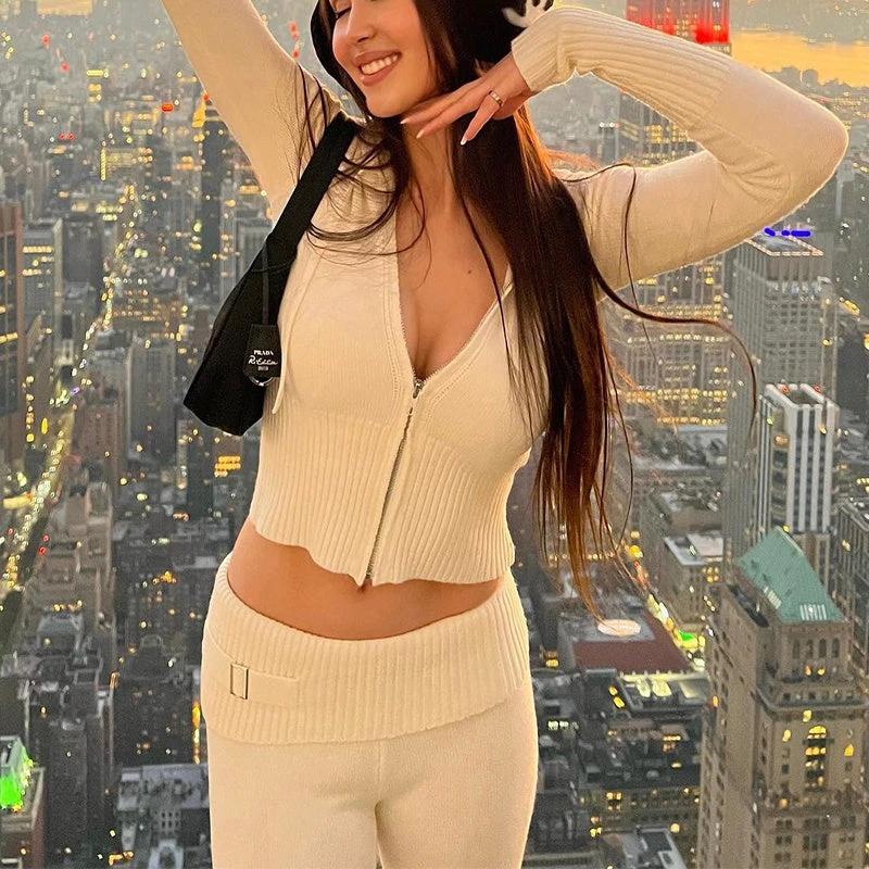 Hoodie Suit Women Leisure Sexy Zip Long Sleeve Sweater And High Waist Long Pants Set MANDOTOS