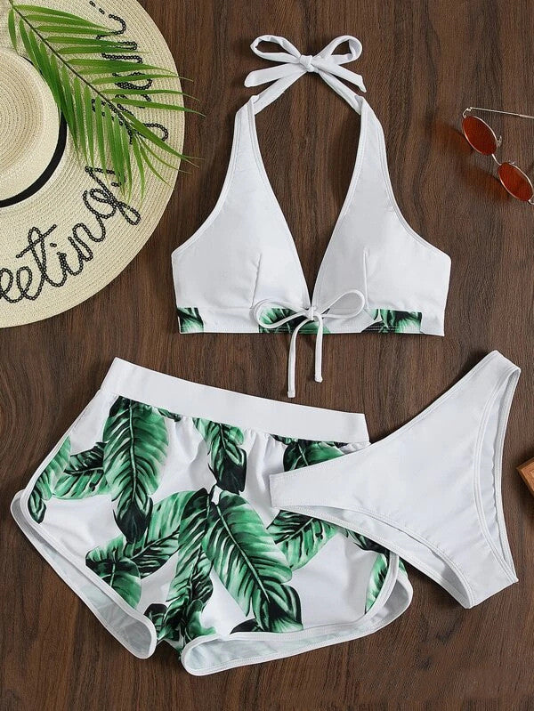 3pcs Leaf Print Bikini With Shorts Fashion Summer Beach Swimsuit Womens Clothing FLIPSTYLEZLLC