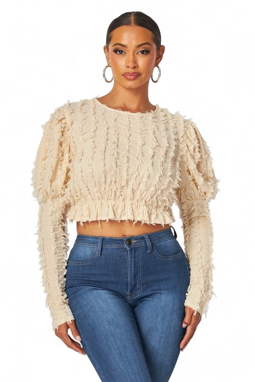 Alexandria Puff Long Sleeve Shaggy Peplum Crop Top The House of Stylez
