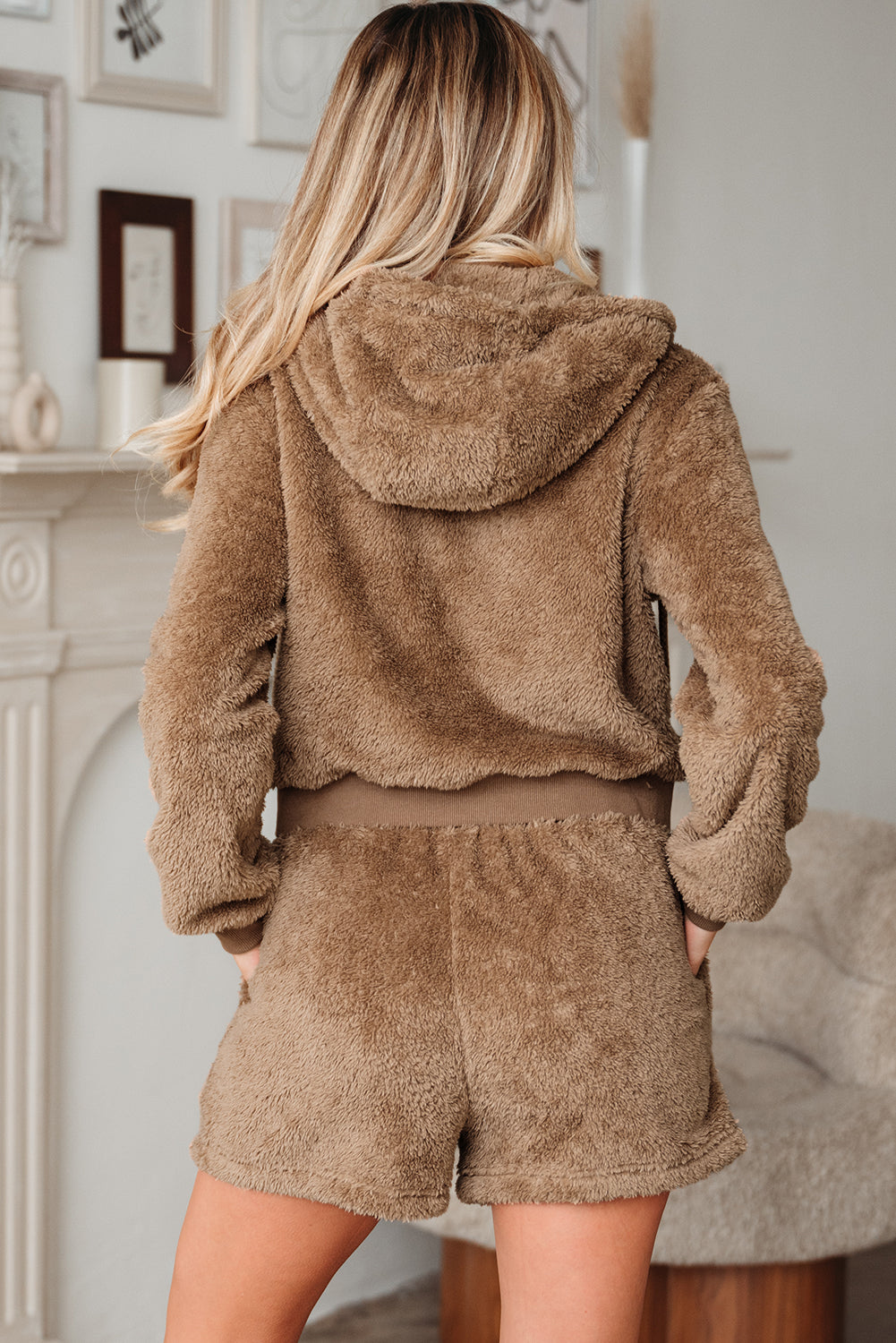 Parchment Zip Up Hoodie Drawstring Shorts Sherpa 2pcs Outfit Wild and Free Boutique