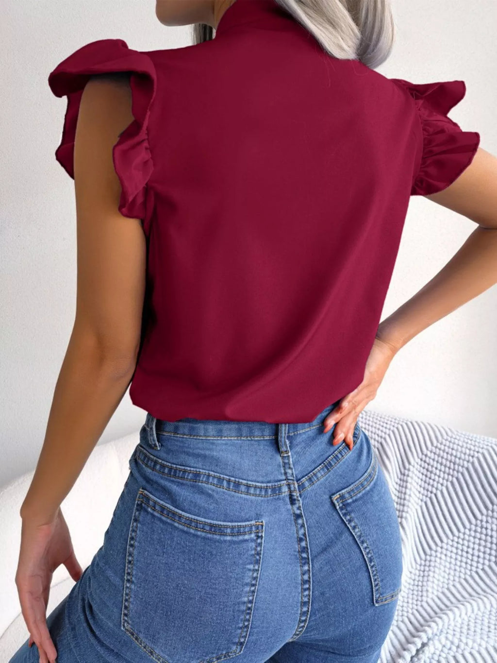 Bow Tie Ruffle Sleeve Blouse Berry Charmz