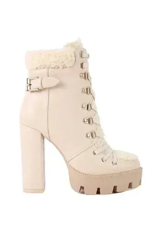 Faux Leather Fur Collar Ankle Boots - Chunky Heel | Femstylo Femstylo