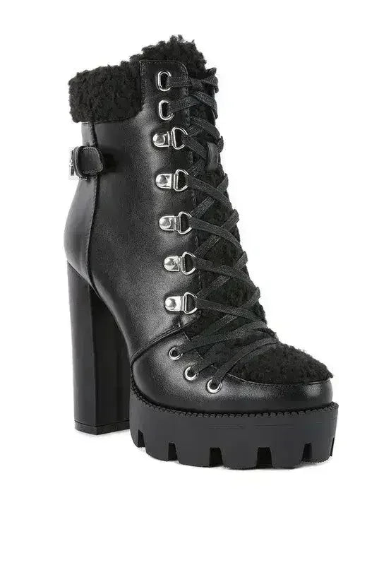 Faux Leather Fur Collar Ankle Boots - Chunky Heel | Femstylo Femstylo
