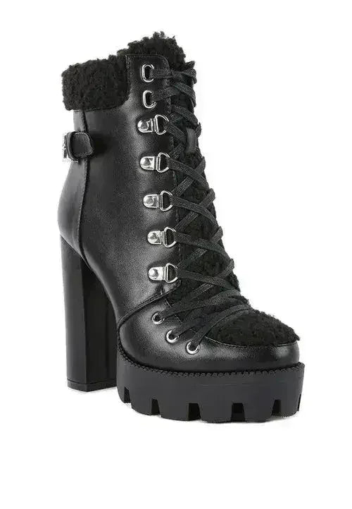 Faux Leather Fur Collar Ankle Boots - Chunky Heel | Femstylo Femstylo