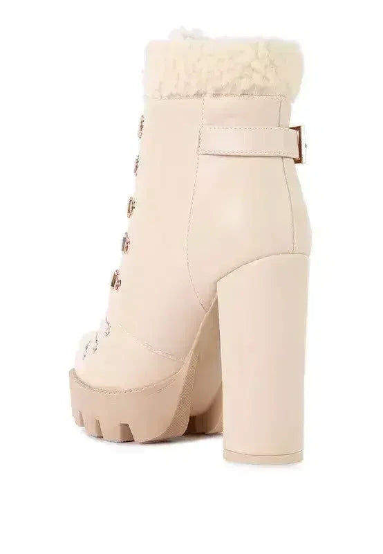 Faux Leather Fur Collar Ankle Boots - Chunky Heel | Femstylo Femstylo