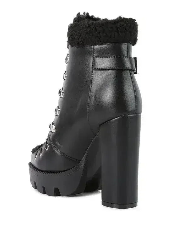 Faux Leather Fur Collar Ankle Boots - Chunky Heel | Femstylo Femstylo