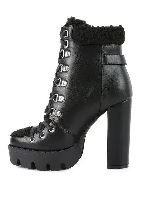 Faux Leather Fur Collar Ankle Boots - Chunky Heel | Femstylo Femstylo