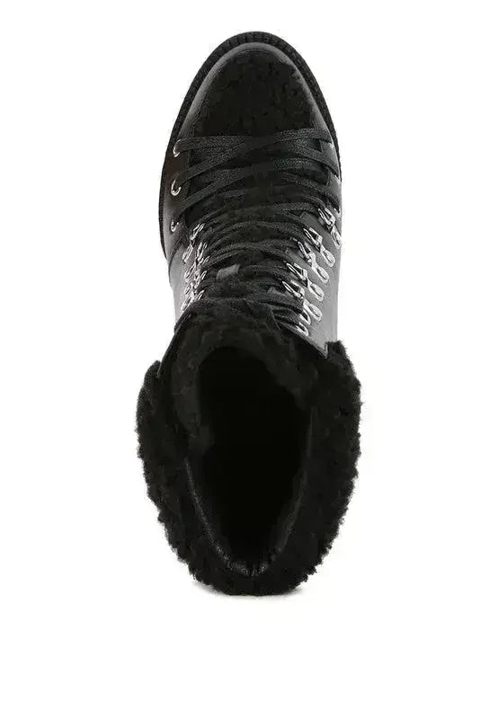 Faux Leather Fur Collar Ankle Boots - Chunky Heel | Femstylo Femstylo