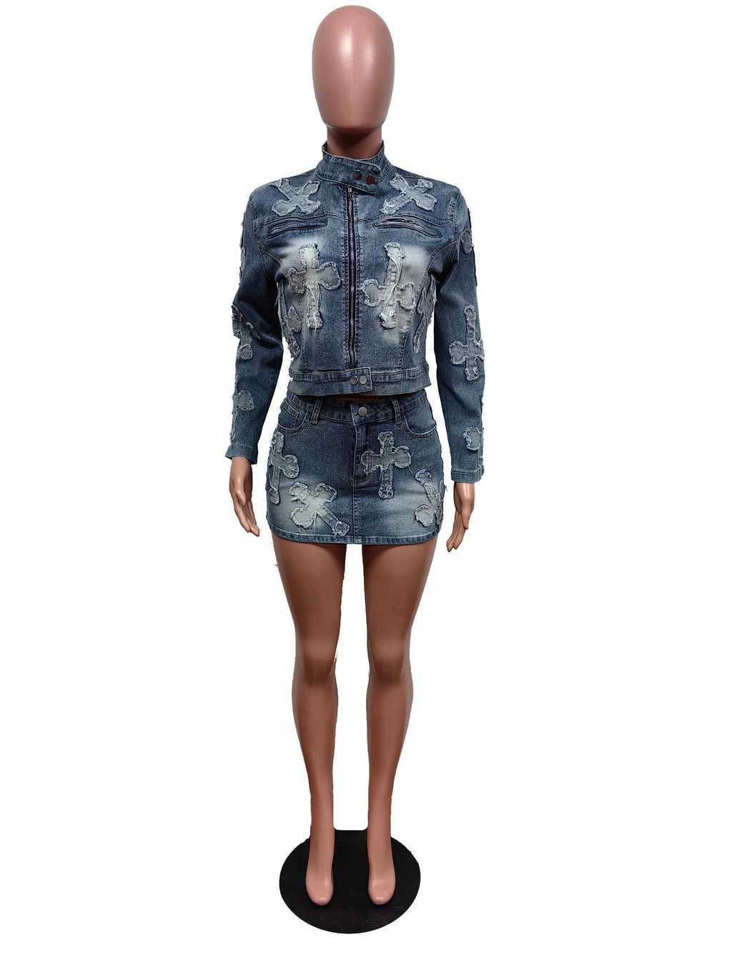 Denim Embroidered Short Skirt Jacket Suits Suit See size chart under “more details” The Fashion Celestial