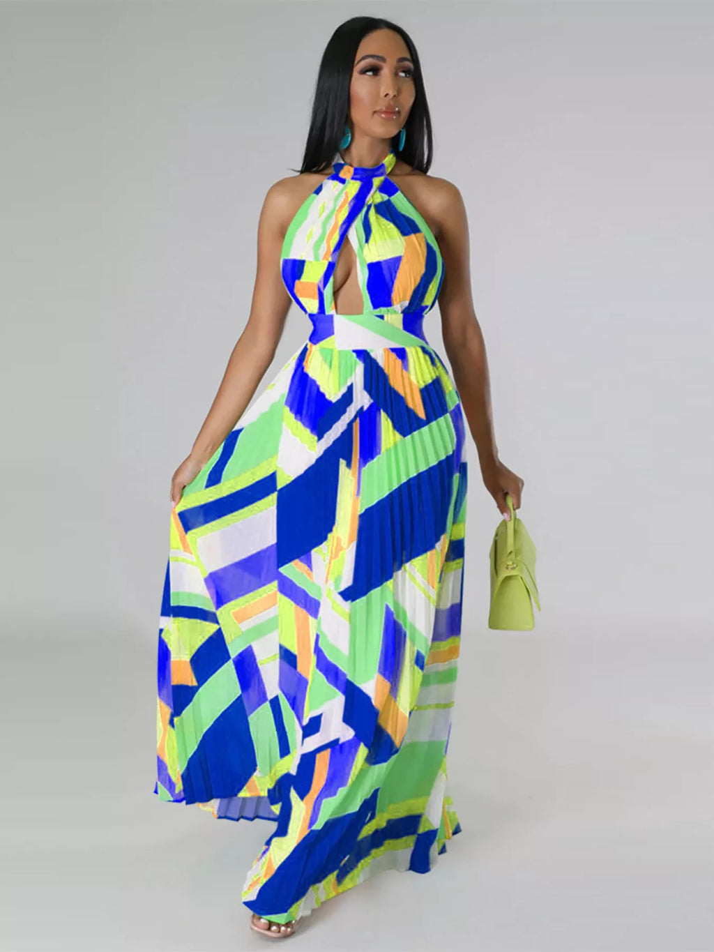 Halter Neck Geometric Print Pleated Maxi Dress Shopimist