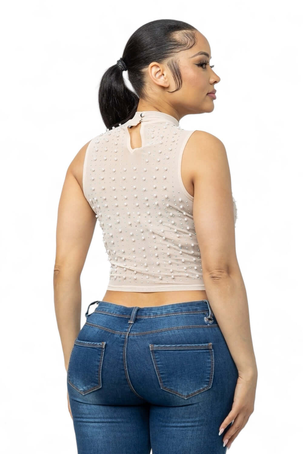 Mesh See Through  Pearls Studs Embellished Top The House of Stylez