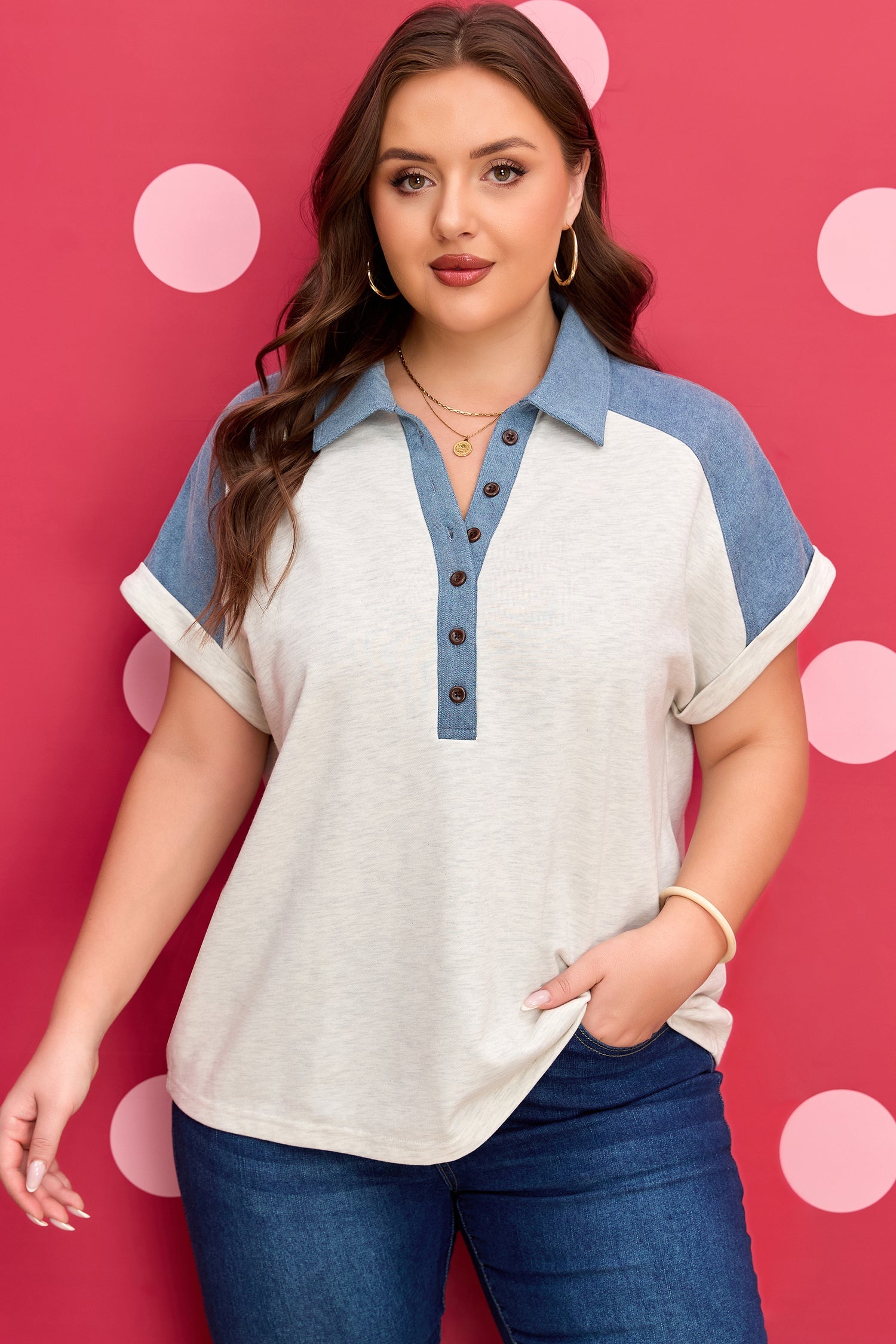 Beige Plus Size Contrast Denim Patchwork Cuffed Sleeve Polo Tee I am a Fashion Junky