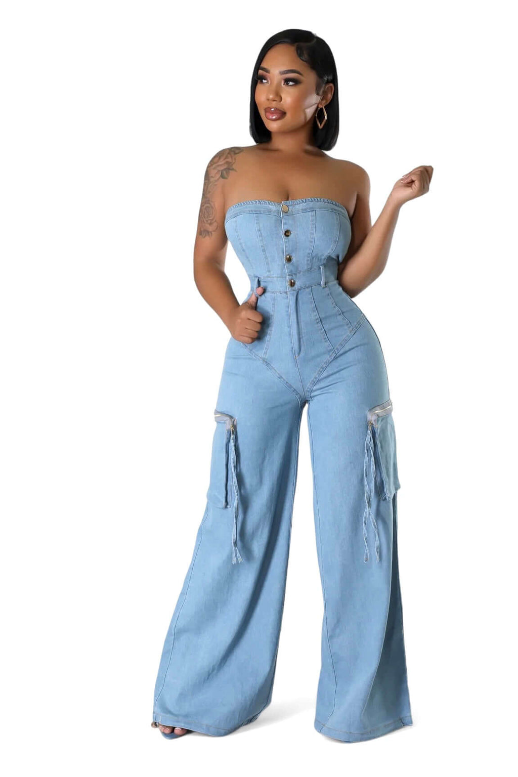 Denim Jean Sleeveless Cargo Jumpsuit The House of Stylez