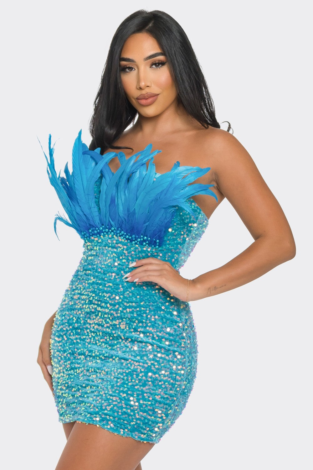 Feather & Pearl Sequin Aqua Mini Dress S&E Retail Expo