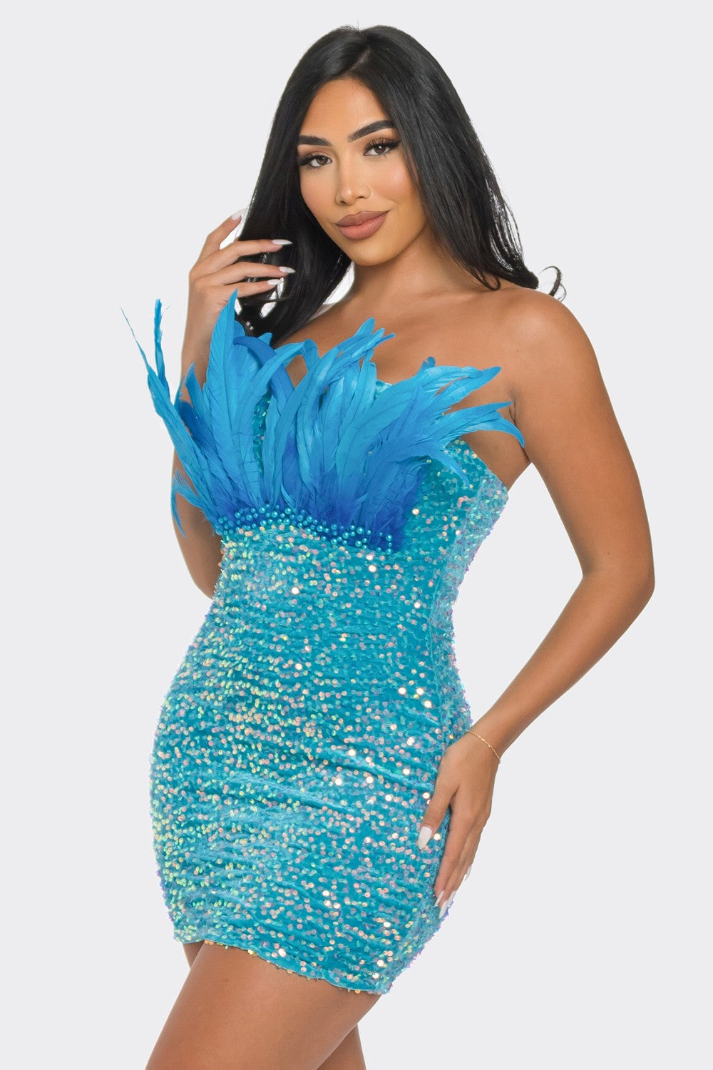 Feather & Pearl Sequin Aqua Mini Dress S&E Retail Expo