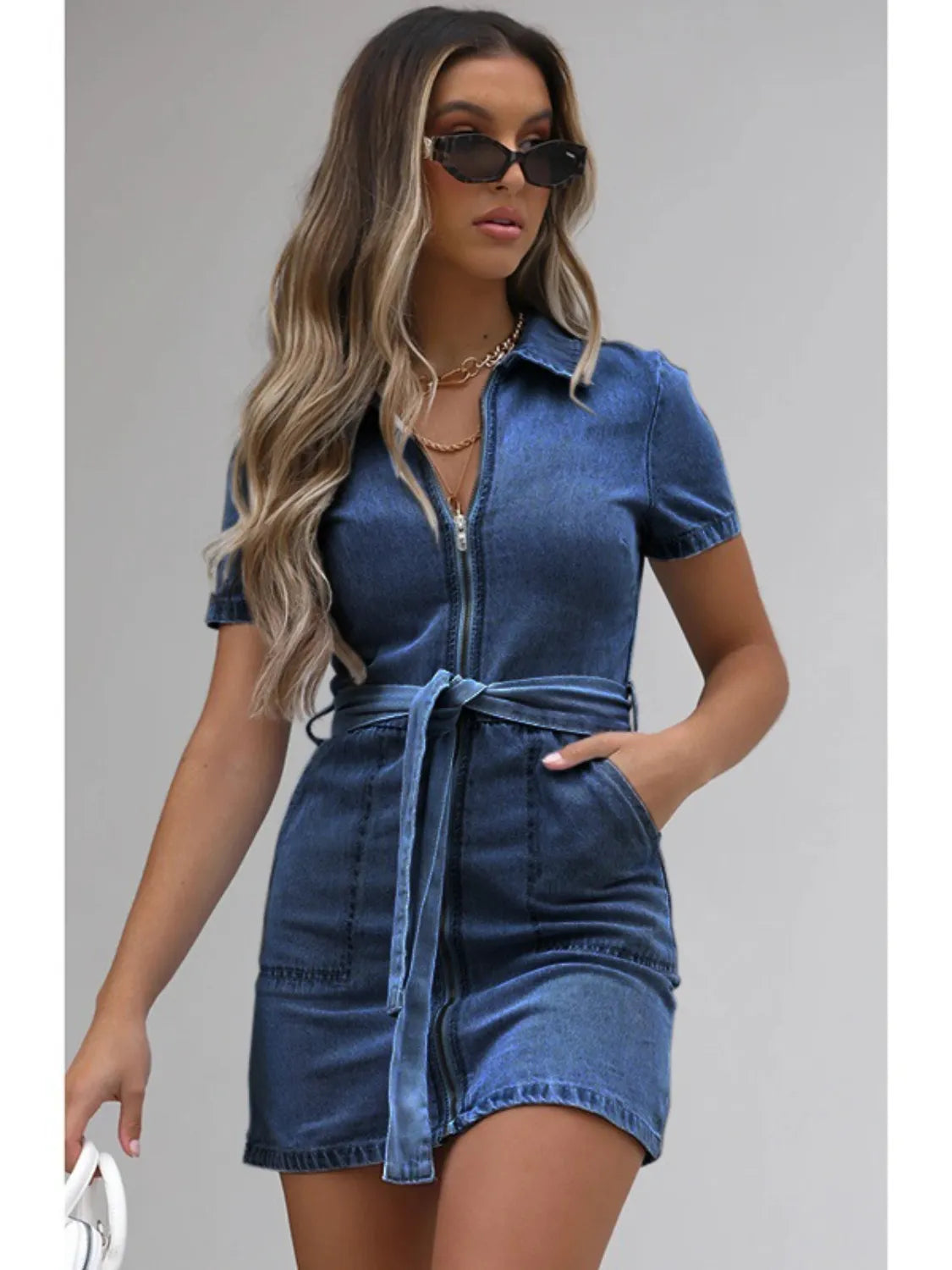 Full Size Zip Front Short Sleeve Denim Dress Plus Size Selvanelle