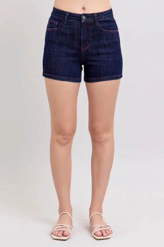 Judy Blue Full Size High Waist Heart Shaped Pkts & Red Contrast Thread Denim Shorts Plus Size Coco’s Tee Boutique