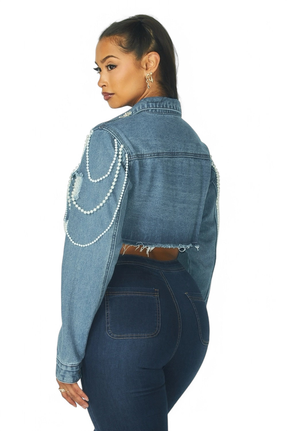 Artemila Pearl & Rhinestone Denim Crop Jacket The House of Stylez