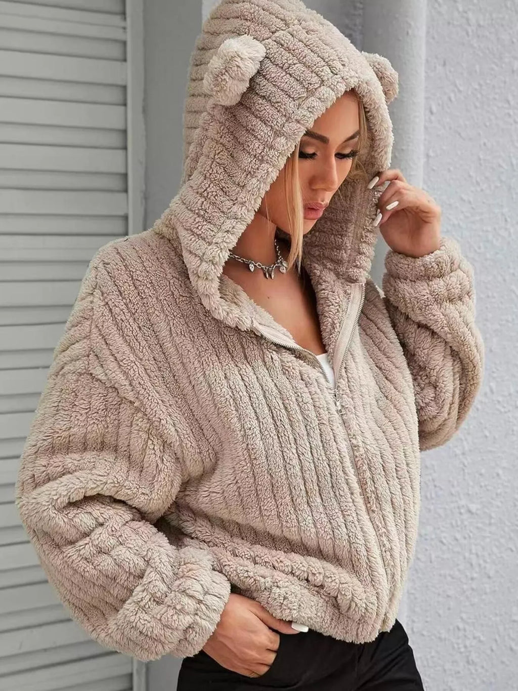 Teddy Bear Ear Hooded Fleece Outerwear Shopimist