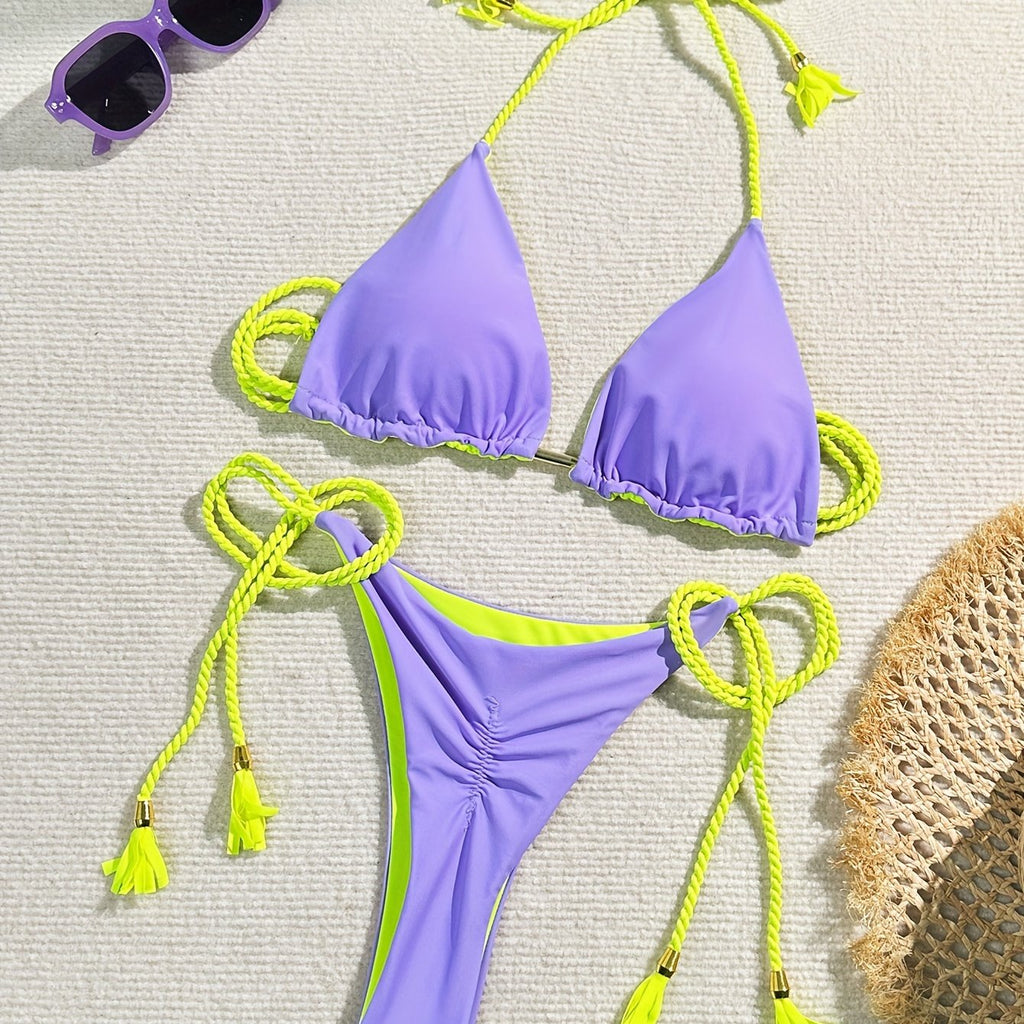 New Festival Flame Halter Bikini Set for Women – Triangle V-Neck Backless Two-Piece Swimsuit with Tie Side Bottoms & Adjustable Lace-Up Fit – Sleek Polyamide Swimwear for Koningsdag/King’s Day & Summer Beach Celebrations Stevvex