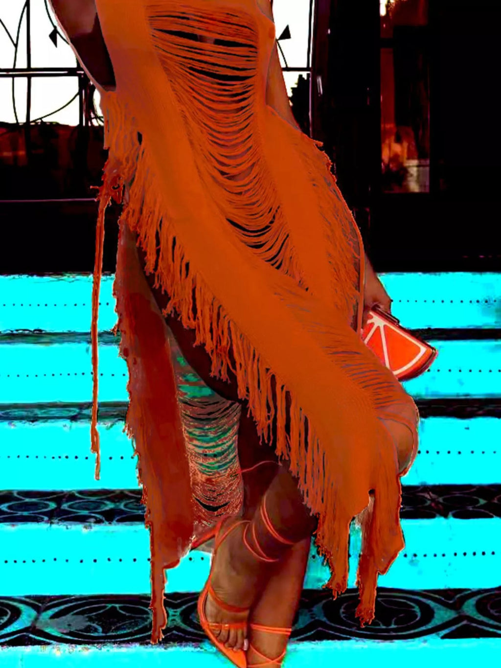 Fringe Split Square Neck Midi Dress Shopimist