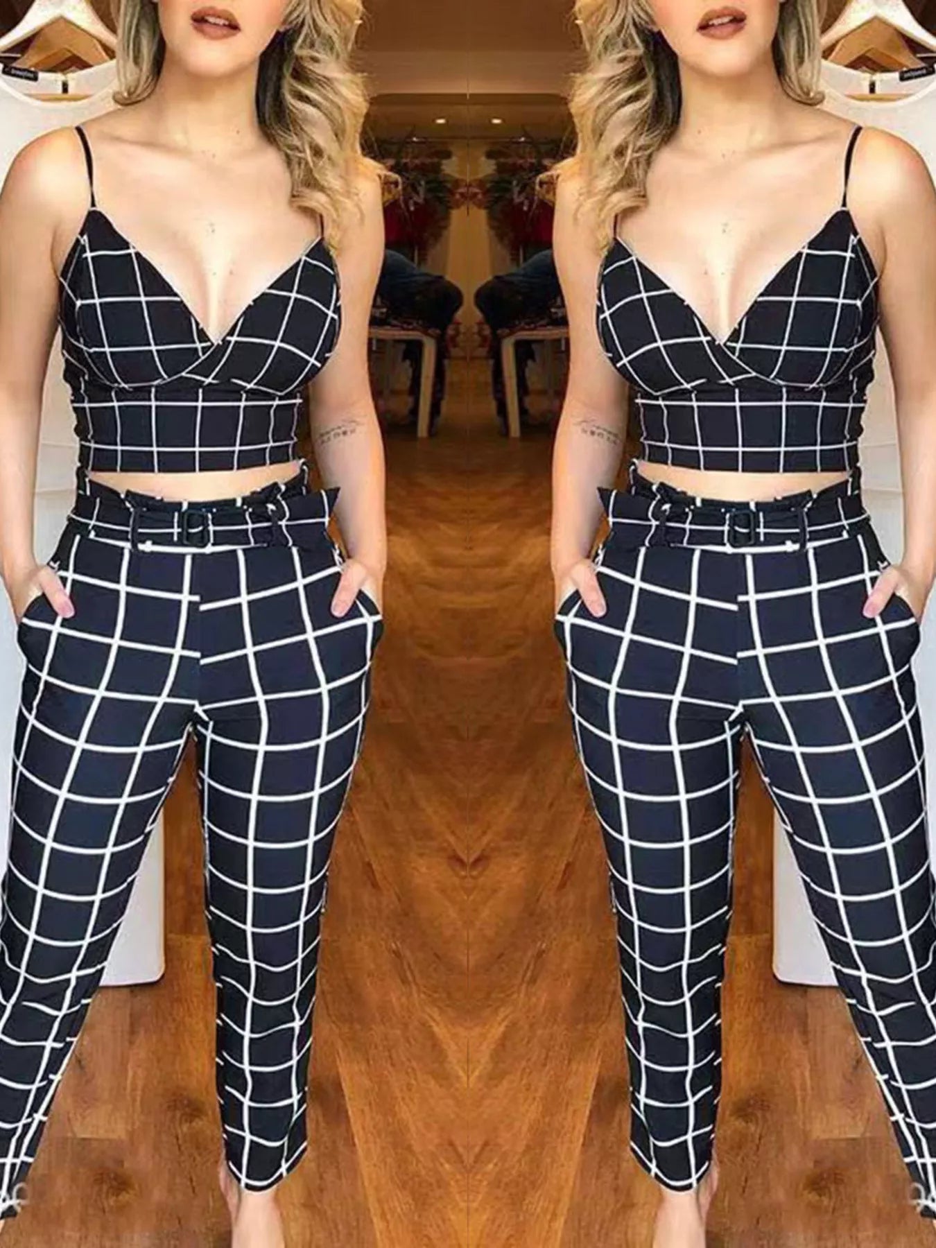 Grid Print Crop Top and Pants Set Shopimist