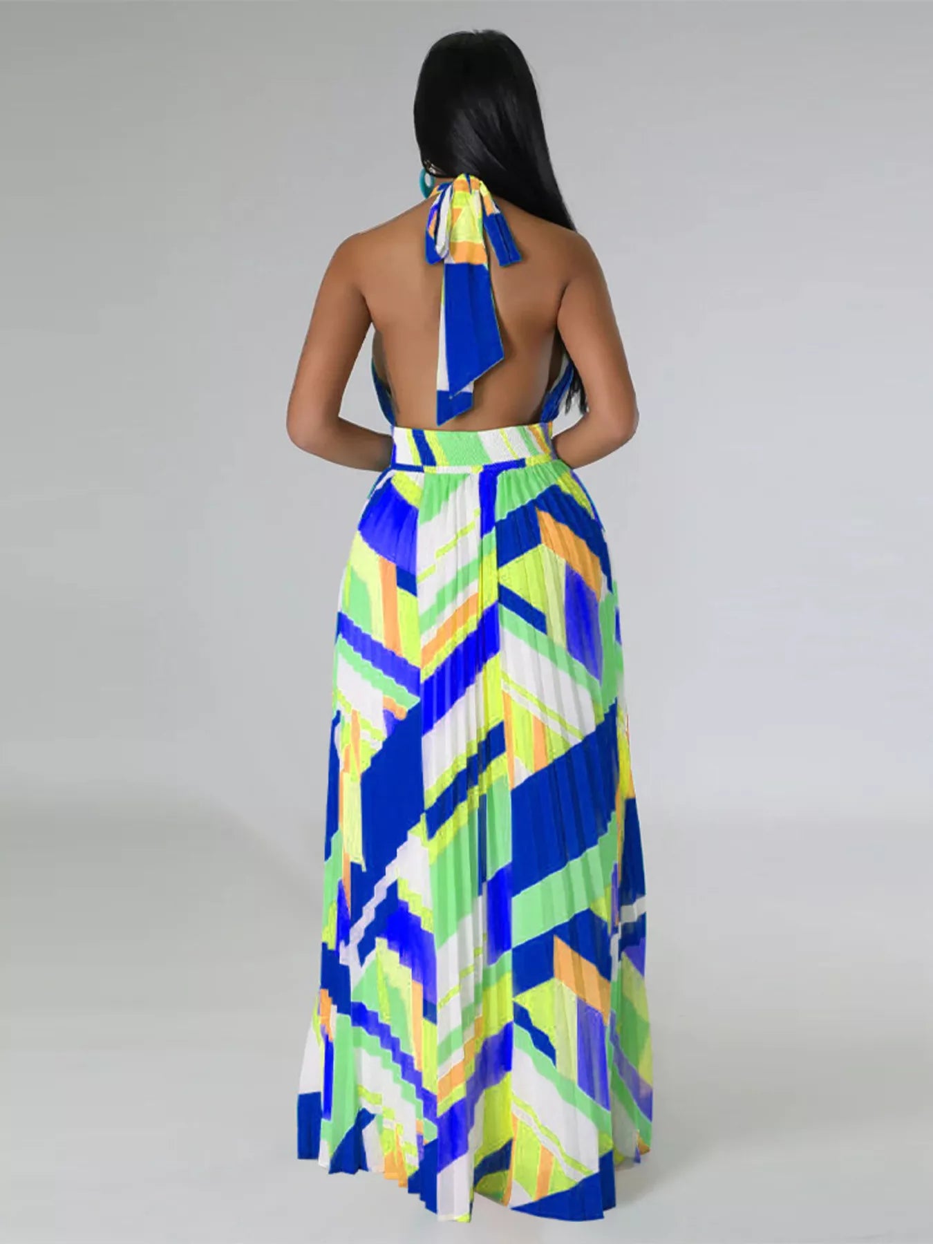 Halter Neck Geometric Print Pleated Maxi Dress Shopimist