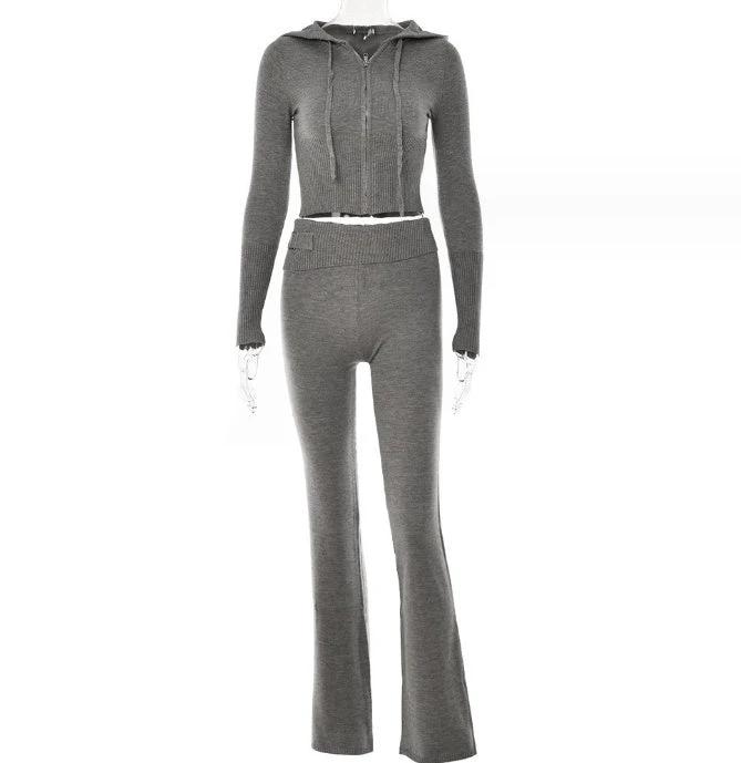 Hoodie Suit Women Leisure Sexy Zip Long Sleeve Sweater And High Waist Long Pants Set MANDOTOS