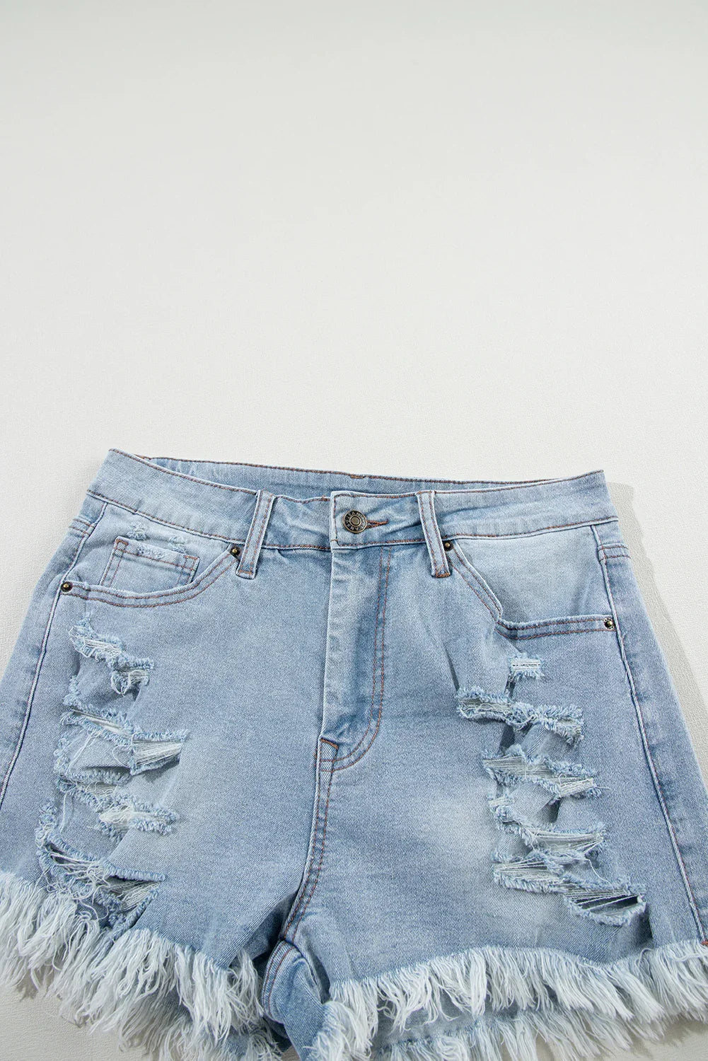 Light Blue Distressed Ripped Raw Hem High Waist Denim Shorts Femstylo