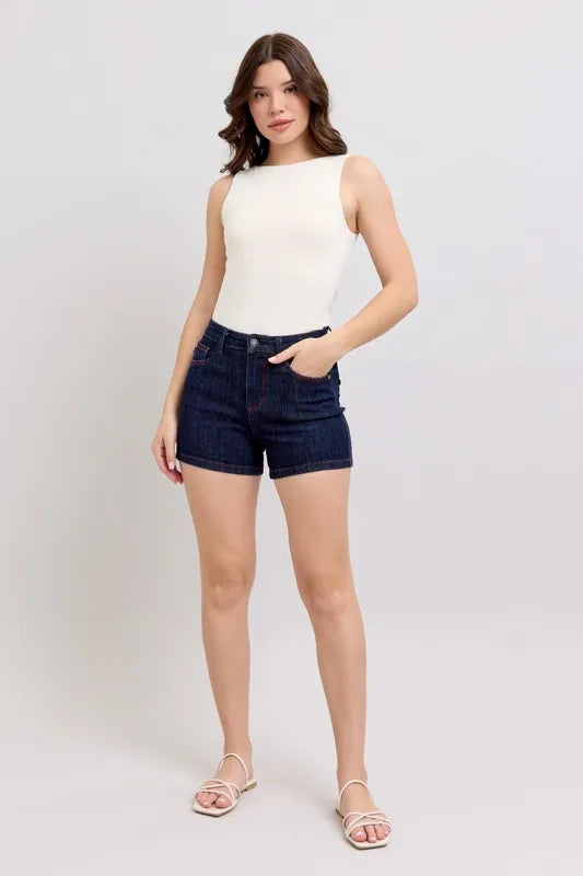 Judy Blue Full Size High Waist Heart Shaped Pkts & Red Contrast Thread Denim Shorts Plus Size Coco’s Tee Boutique