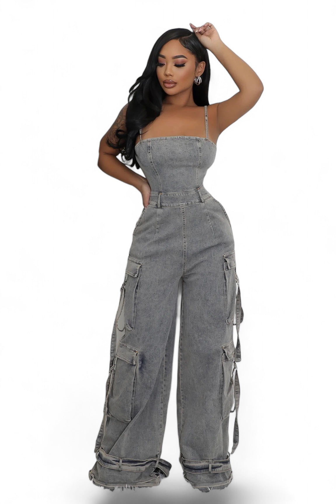 Black Denim Jean Cargo Jumpsuit The House of Stylez