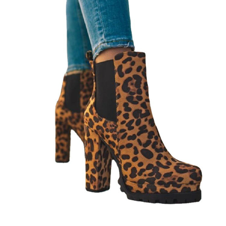 Women's Round-Toe Ankle Boots | Suede Leopard Print Square Thick High Heel Sarah Express
