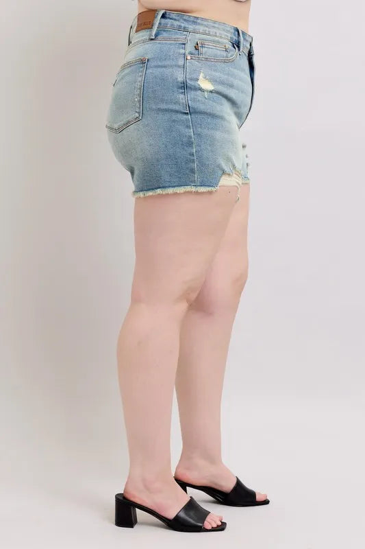 Judy Blue Plus Size High Rise Washed Fly Stitch Detail and Destroy Denim Shorts Creative Chaos Boutique