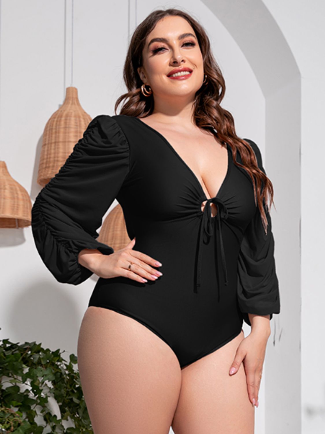 Plus Size Tied Deep V Balloon Sleeve One-Piece Swimsuit VYSN