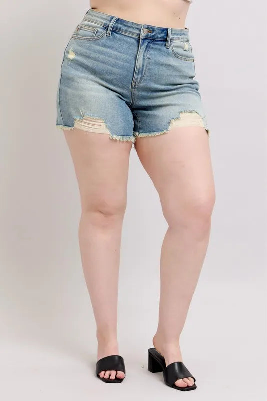 Judy Blue Plus Size High Rise Washed Fly Stitch Detail and Destroy Denim Shorts Creative Chaos Boutique