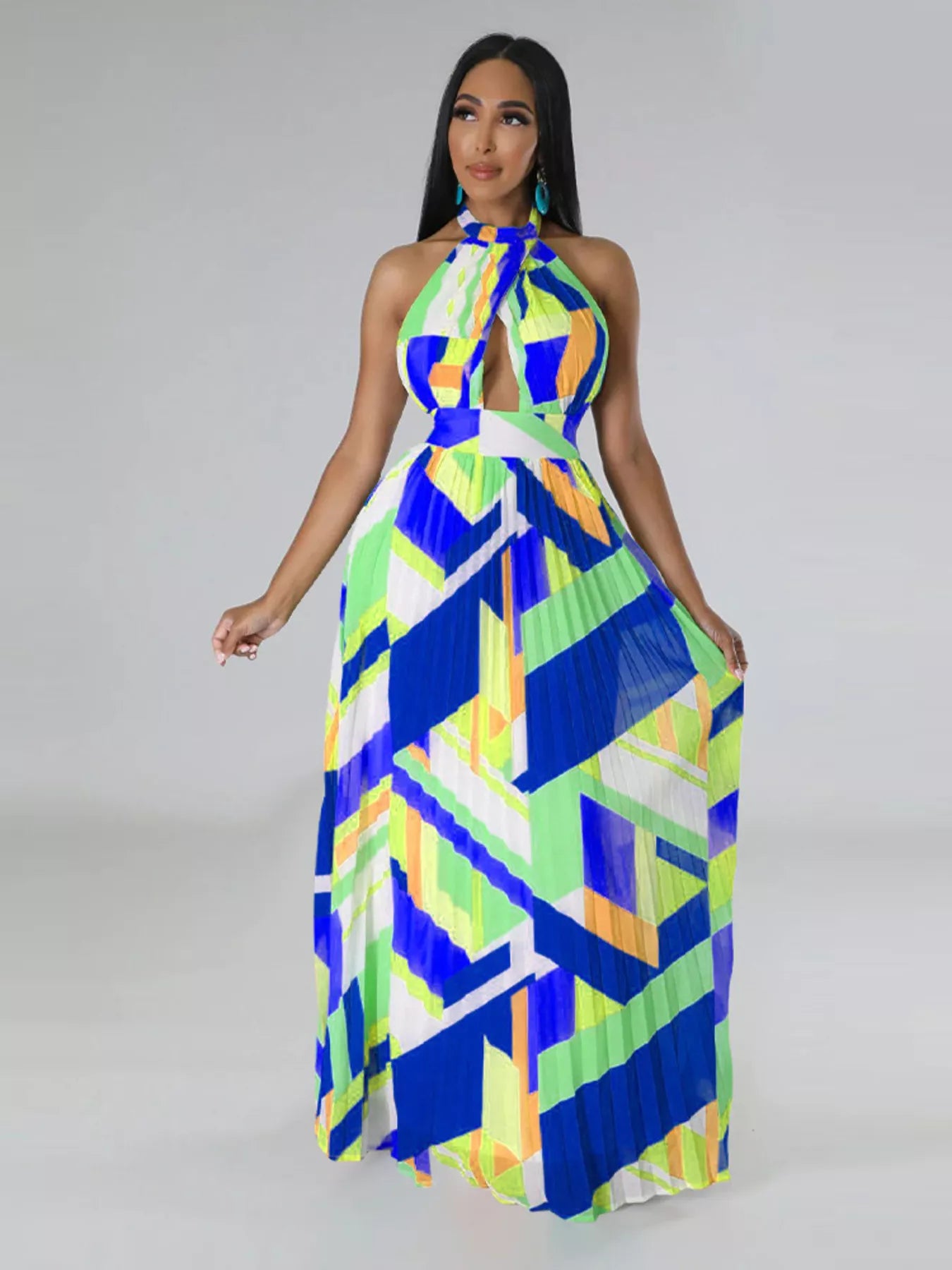 Halter Neck Geometric Print Pleated Maxi Dress Shopimist